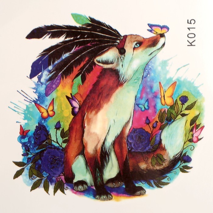 Татуировка на тело цветная "Лис-индеец с бабочками" 8х8 см