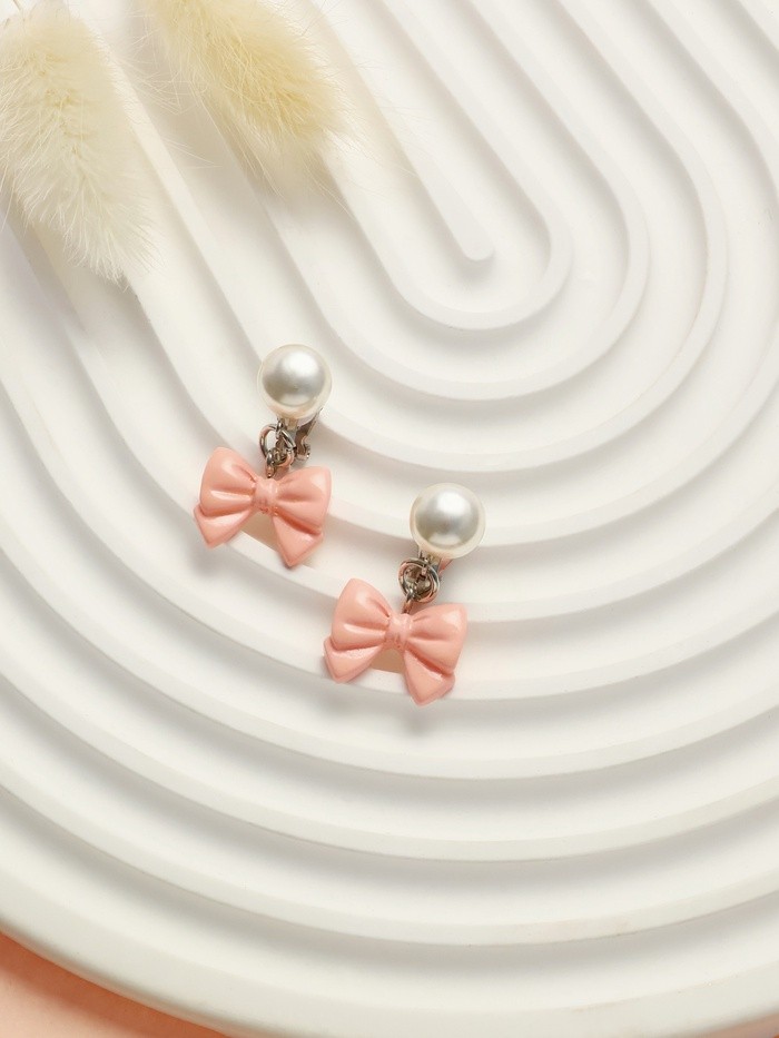 Серьги-клипсы детские «Выбражулька» бант нежность с жемчужиной, розово-белые