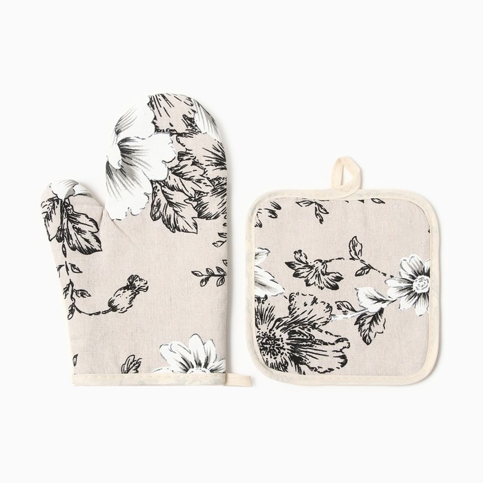 Кухонный набор 2 пр. Доляна "Цветы" прихватка 17*17см, Варежка-прихватка 26*16см,100%хл