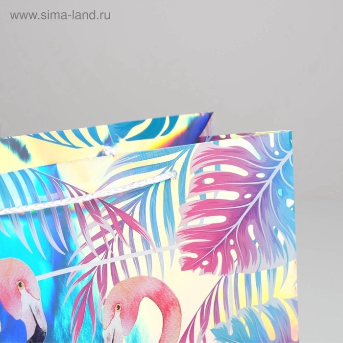 Пакет подарочный голографический, упаковка, «Фламинго», 32×26×12 см