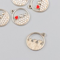 Декор для творчества металл, стразы, эмаль "Три сердца в круге" серебро 0,2х1,8х2,1 см