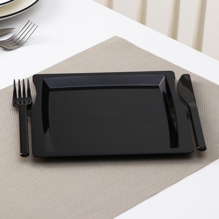 Комбо-тарелка одноразовая 3 в 1: тарелка, вилка, нож, квадратная, цвет чёрный