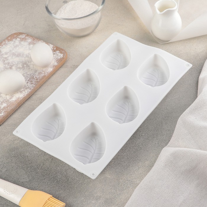 Форма для муссовых десертов и выпечки Доляна «Листочек», 29,5×17×3,2 см, 6 ячеек, 8,7×5,5 см, цвет белый