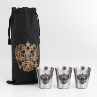 Стопки в чехле «Герб»: нержавеющая сталь, набор 3 шт. × 30 мл