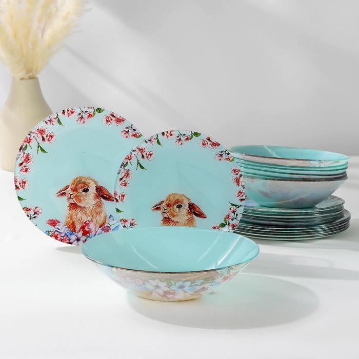 Набор тарелок Доляна «Кролик», 19 предметов: салатник, 6 десертных тарелок, 6 обеденных тарелок, 6 мисок