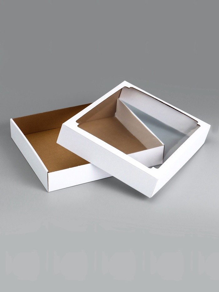 Коробка сборная без печати крышка-дно белая с окном 37×32×7 см