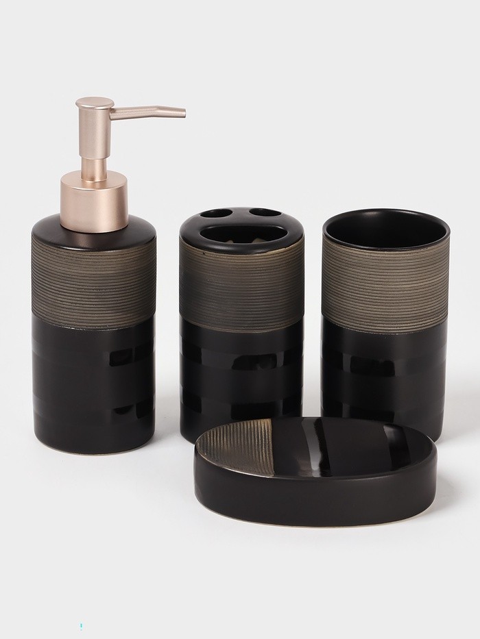 Аксессуары для ванной Доляна «Классика», 4 предмета: дозатор 300 мл, мыльница, 2 стакана, чёрные