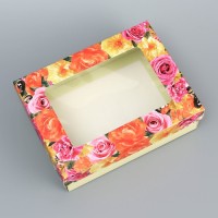 Коробка складная, крышка-дно, «Цветочки», 16.5×12.5×5.2 см с окном