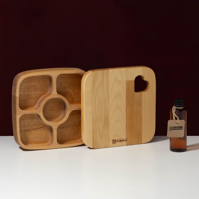 Подарочный набор посуды Adelica, доска сервировочная, менажница деревянная 5 секций, масло для пропитки в подарок 100 мл, берёза