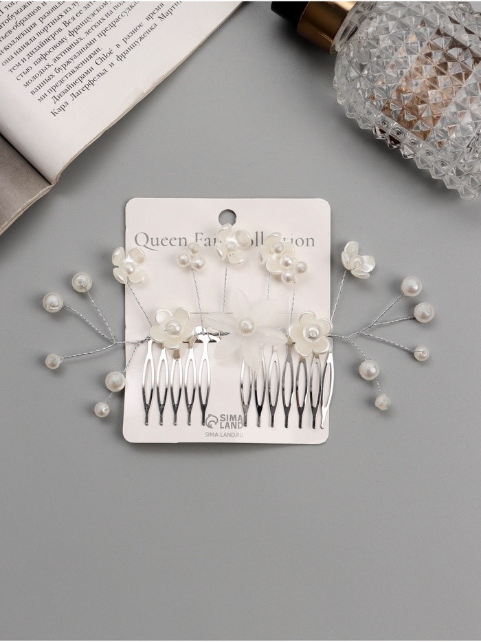 Гребень для волос QF «Эмилия», цветы бусинки, 11×6.5 см, белый