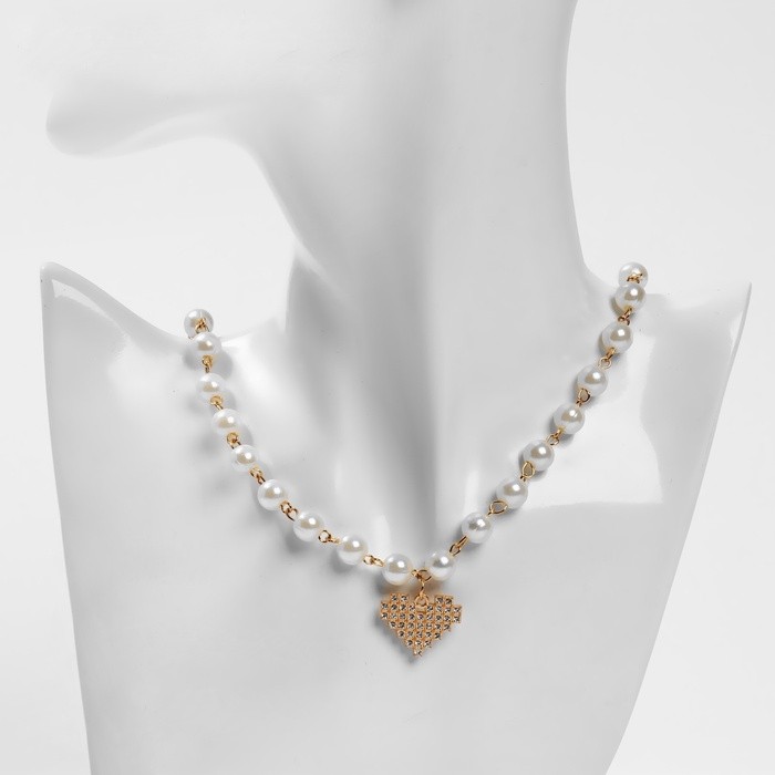 Колье с жемчугом «Сердце» квадратное, шар №6, цвет белый в золоте, L=40 см
