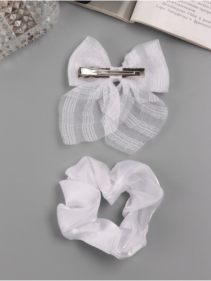 Набор для волос "Школьница" (резинка 10 см, зажим 9 см) полоски объём, белый