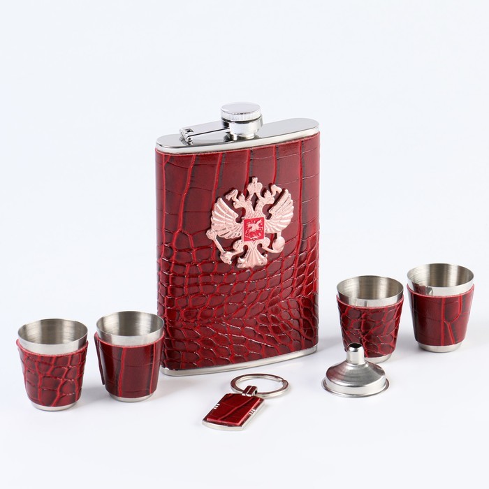 Подарочный набор 7 в 1 "Двуглавый орёл": фляжка 270 мл + 4 рюмки, воронка, брелок