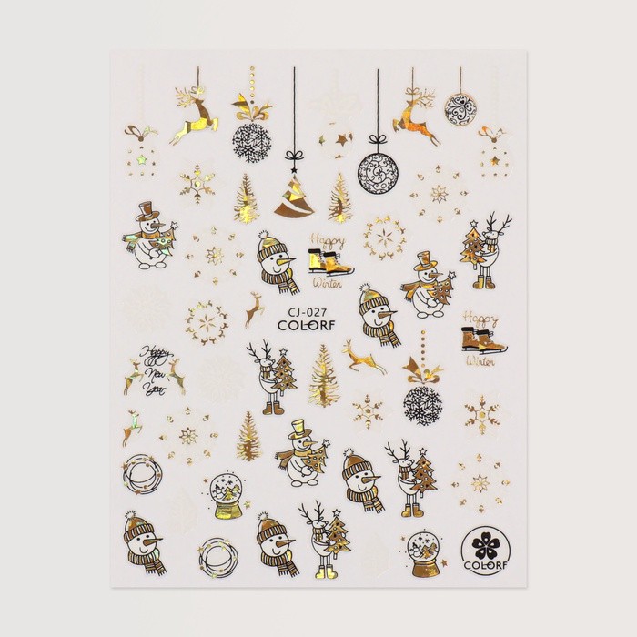 Наклейки для ногтей «Снеговик», металлизированные, разноцветные