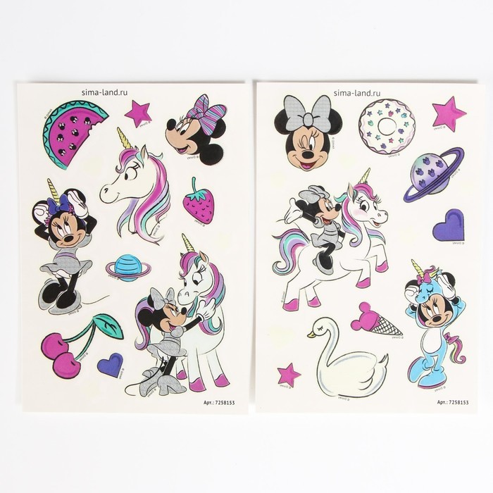 Переводные татуировки детские, светятся в темноте, Минни Маус и единорог