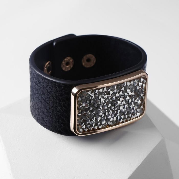 Браслет кожа «Помпеи» стразы, бело-чёрный в золоте, 21 см