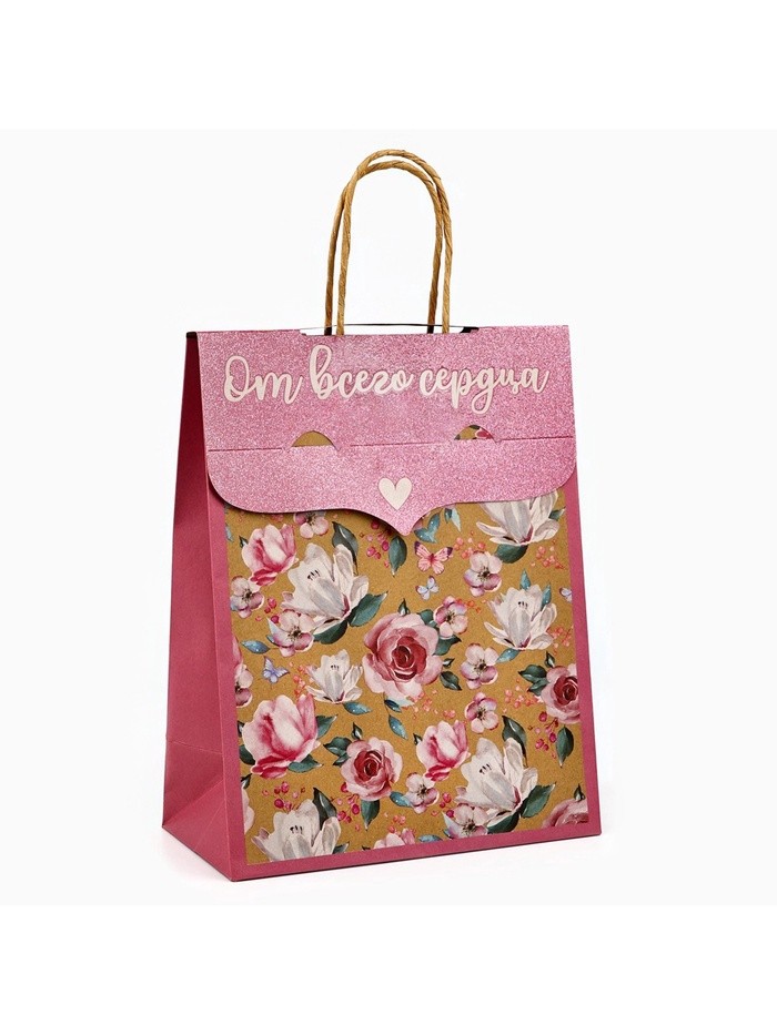 Пакет с клапаном «Цветы», крафт, глиттер, 19.5×10×25 см