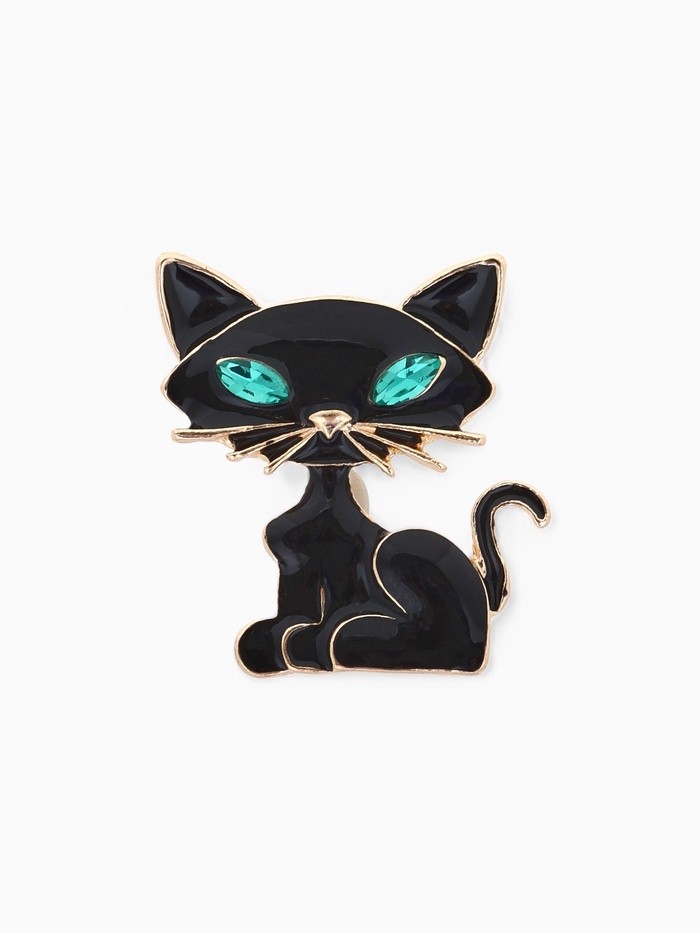 Брошь «Кошечка» хитрая, цвет черно-зеленый в золоте