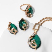 Гарнитур 3 предмета: серьги, кулон, кольцо «Капли», цвет бело-зелёный в золоте, 45 см