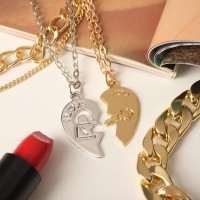 Кулоны парные «Неразлучники. Половинки сердец, ключ и замок», цвет серебристо-золотой, 45 см