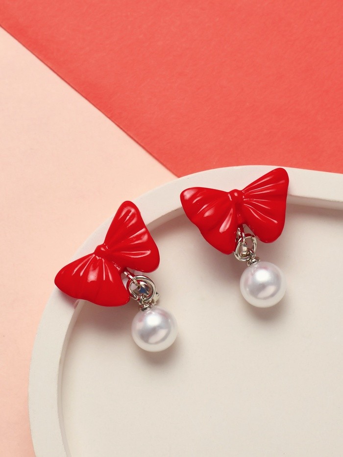 Серьги-клипсы детские «Выбражулька» бант с жемчужиной, красно-белые