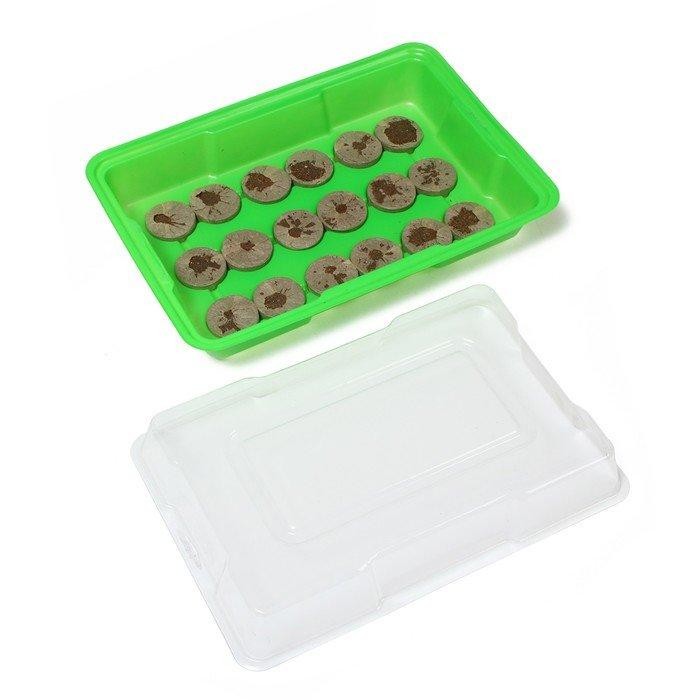 Мини-парник для рассады: торфяная таблетка d = 4,2 см (18 шт), парник 35,5 × 24,5 × 6 см, без вставок, зелёный