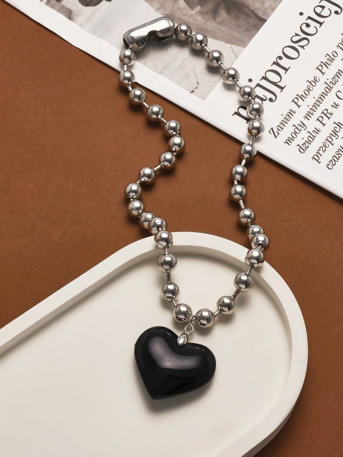 Кулон « Сердце» большое, цвет чёрный в серебре, 40 см