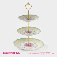 Этажёрка для фруктов и десертов Доляна «Цветочный вальс», 3 яруса, d=15.5/17/23 см, керамика, разноцветная
