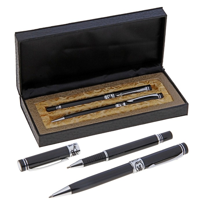 Ручки подарочные, 2 шт.: капиллярная, шариковая поворотная, в кожзам футляре, VIP, чёрные