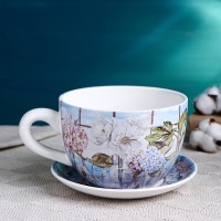 Горшок для цветов в форме чашки «Эмма: Корсика» керамический, с поддоном, 1.1 л, 19×15×10 см, бело-голубой с рисунком