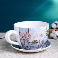 Горшок для цветов в форме чашки «Эмма: Корсика» керамический, с поддоном, 1.1 л, 19×15×10 см, бело-голубой с рисунком