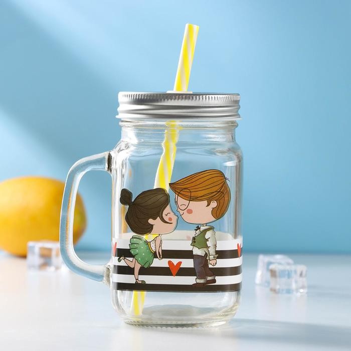 Кружка Доляна «Поцелуй», 450 мл, 10×7,5×13 см, стекло, с крышкой и трубочкой