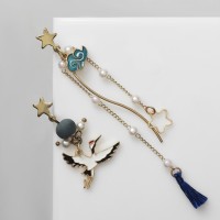 Серьги с жемчугом «Япония» аист и звёзды, цветные в золоте