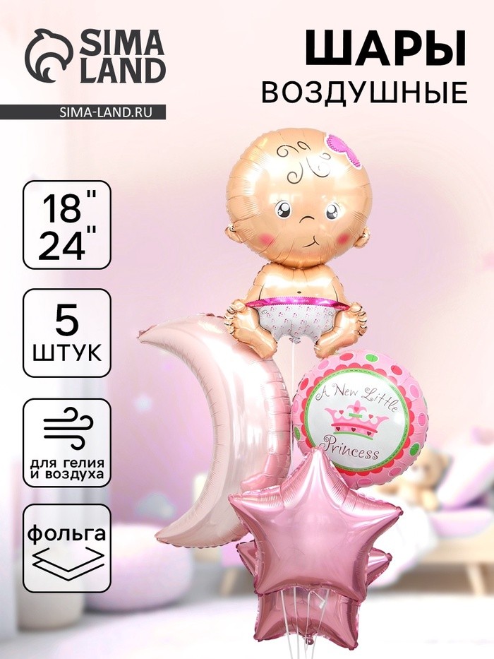 Воздушные шары фольгированные, набор «С рождением девочки», 5 шт.