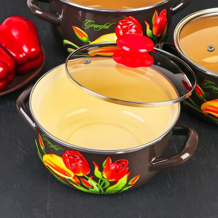 Набор кастрюль «Грациозный», 3 предмета: 1,5 л, 2 л, 3 л, стеклянные крышки, индукция, цвет коричневый