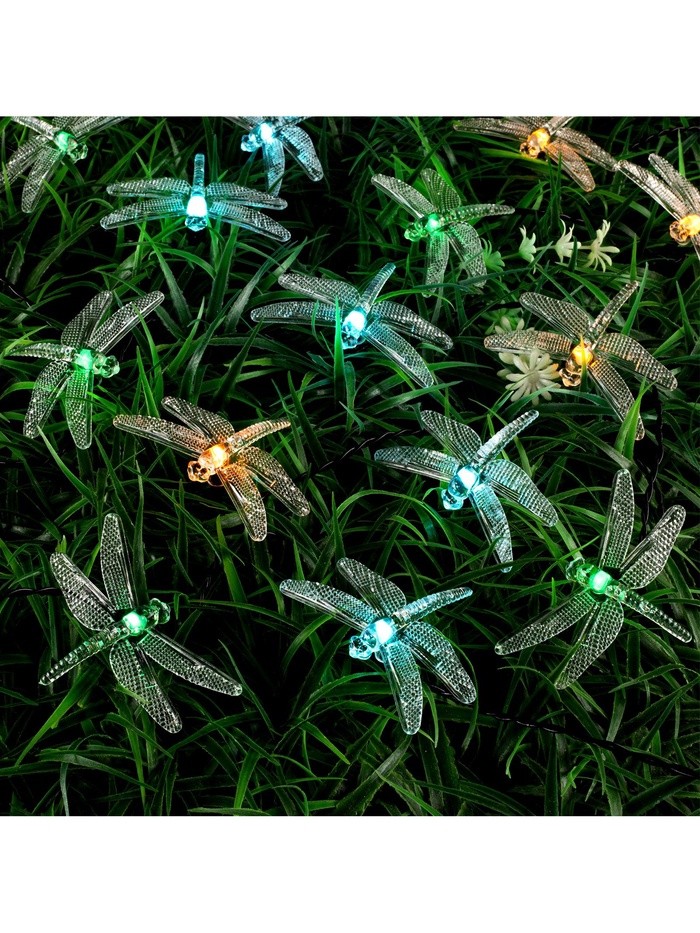 Гирлянда «Нить», 4.5 м, с насадками в виде стрекоз, IP44, 30 LED, 2 режима, солнечная батарея, тёмная нить, свечение зелёное/аквамарин/жёлтое