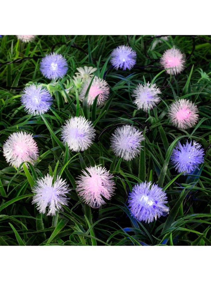 Гирлянда «Нить», 4.5 м, с насадками «Ёжики», IP44, 30 LED, 2 режима, солнечная батарея, тёмная нить, свечение синие/фиолетовое/розовое