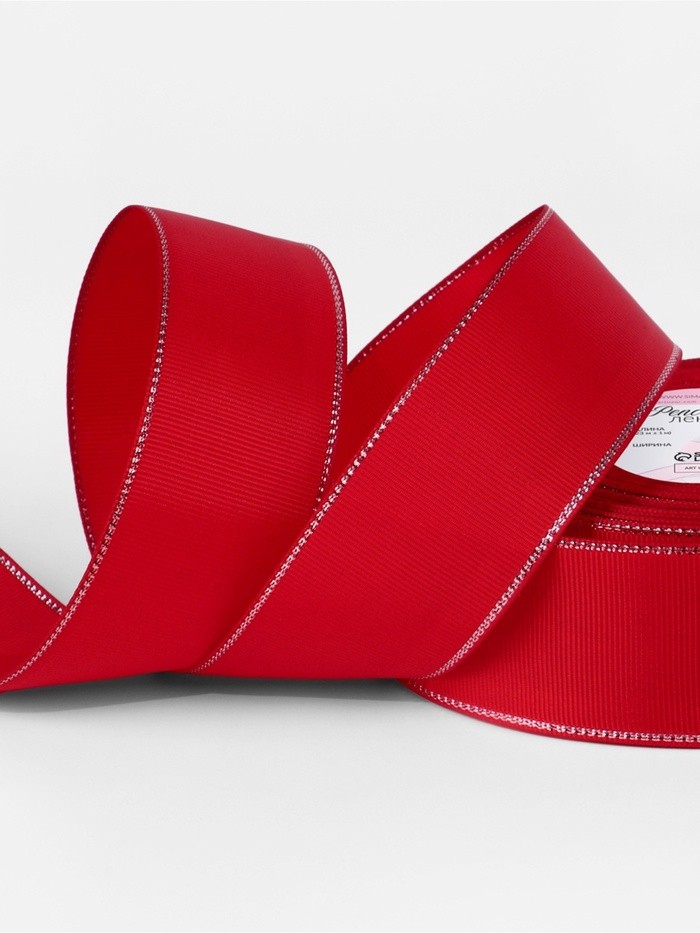 Лента репсовая, с серебряным люрексом, 40 мм, 23±1 м, красная №026