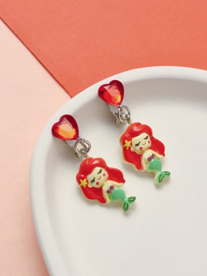 Серьги-клипсы детские «Выбражулька» русалочка с сердцем кристалл, цветные