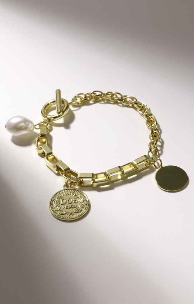 Браслет жемчуг «Бусина» медальон, цвет белый в золоте, L=20 см