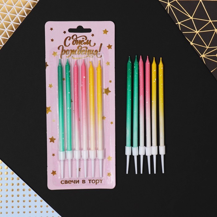 Свечи для торта с блестками, разноцветные, 6 шт., 13×0.4 см Свечи для торта с блестками, разноцветные, 6 шт., 13×0.4 см