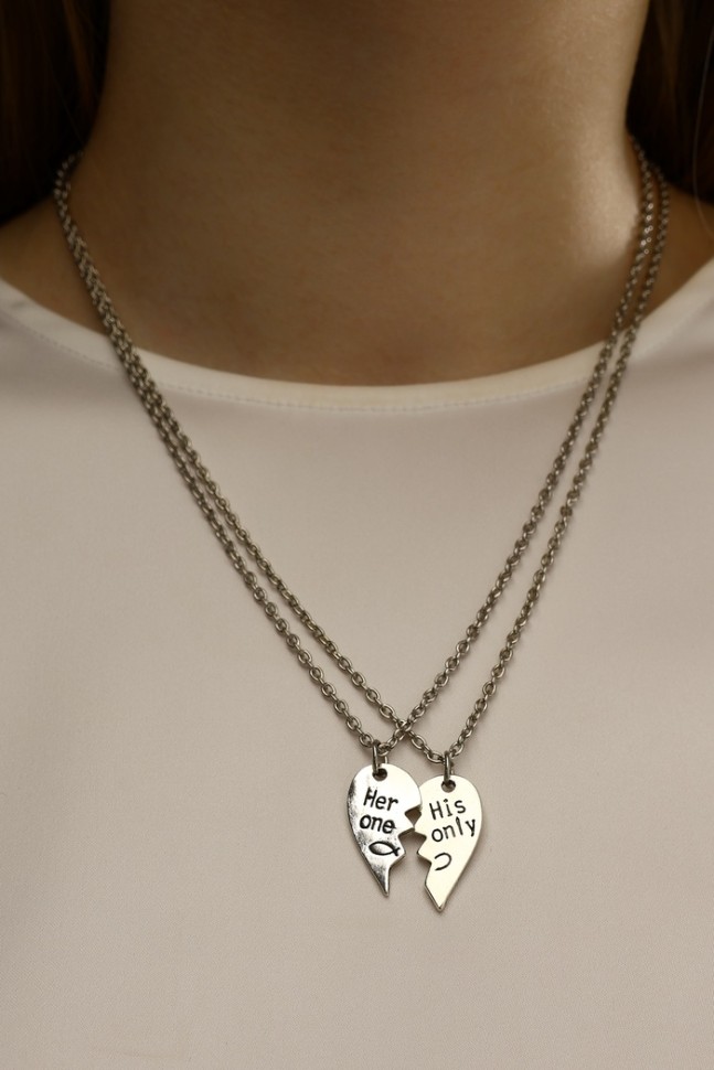 Кулоны «Неразлучники» для него и неё, цвет чернёное серебро, 45 см