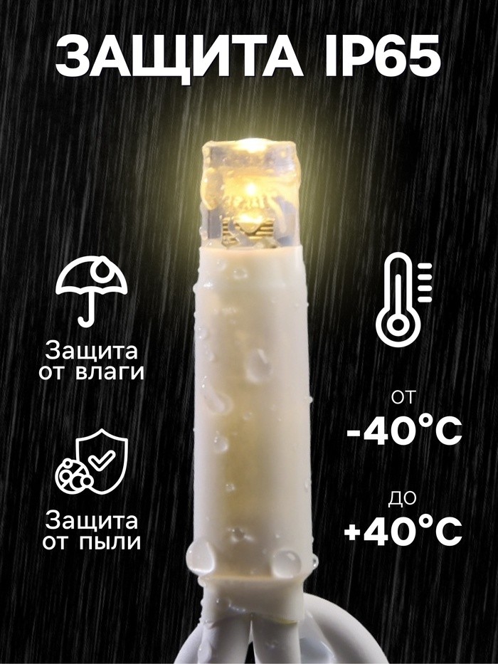 Гирлянда «Занавес» 2×1.5 м, IP65, УМС, белая нить каучук, 300 LED, свечение тёплое белое, 220 В