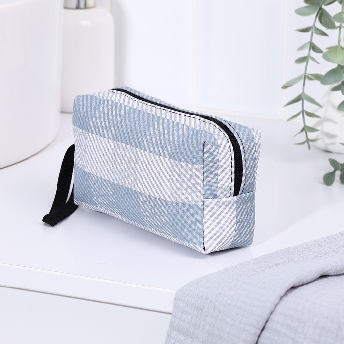 Косметичка на молнии с ручкой, объёмная, маленькая, с принтом «Клетка», серая