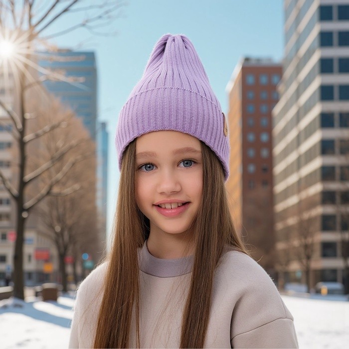 Шапка детская MINAKU: Сozy Winter с отворотом, сиреневая, размер 52-56 (5-7 лет)