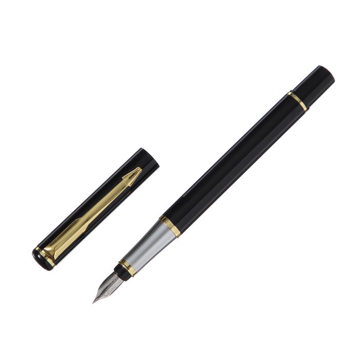 Ручка подарочная перьевая в кожзам футляре, корпус чёрный, золото, серебро