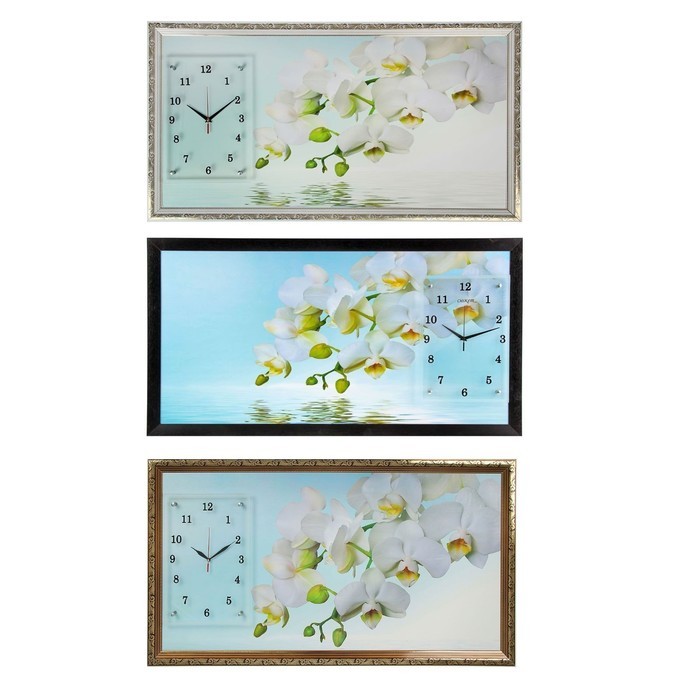 Часы-картина настенные, серия: Цветы, "Водная гладь и белые орхидеи", 50 х 100 см, микс