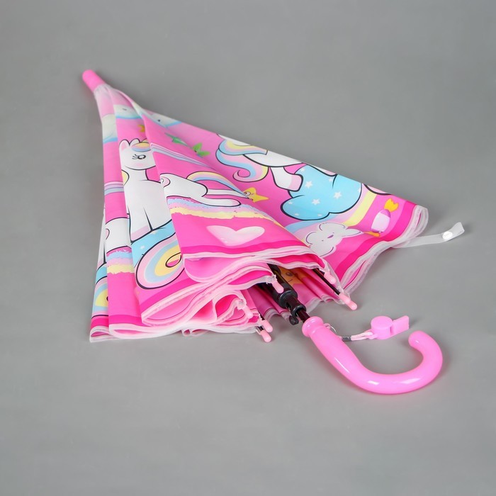 Зонт - трость детский «Единорог с радугой», полуавтоматический, 8 спиц, R=40/47 см, d=80 см, розовый
