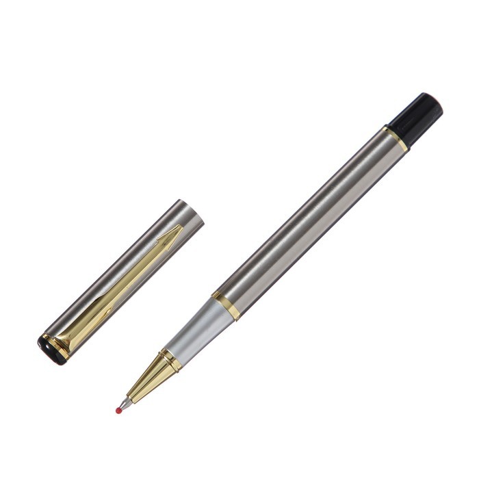 Ручка подарочная роллер в кожзам футляре, корпус серебро, золото