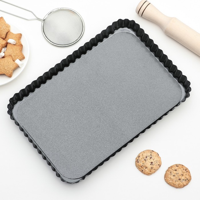 Форма для выпечки Доляна «Жаклин. Рифленый прямоугольник», 31×21×3 см, съёмное дно, антипригарное покрытие, цвет чёрный